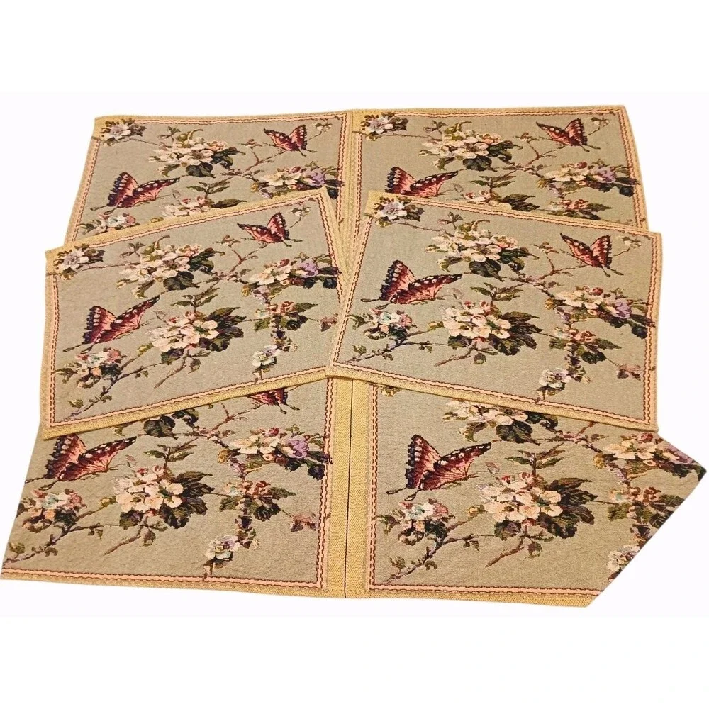 Butterfly Floral Tapestry Table Runner & 4 Placemats Green & Ivory Cottage Decor